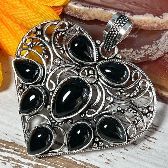 Heart Pendant Black Onyx Large Gemstone Handmade Statement 925 Silver Bohemian - Picture 2 of 10